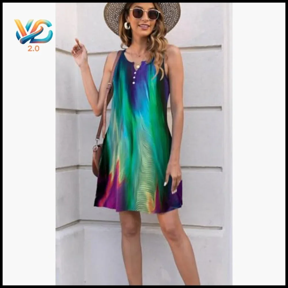 Women's Sleeveless V-Neck A-Line Dress with Pockets, Casual Boho Floral Summer